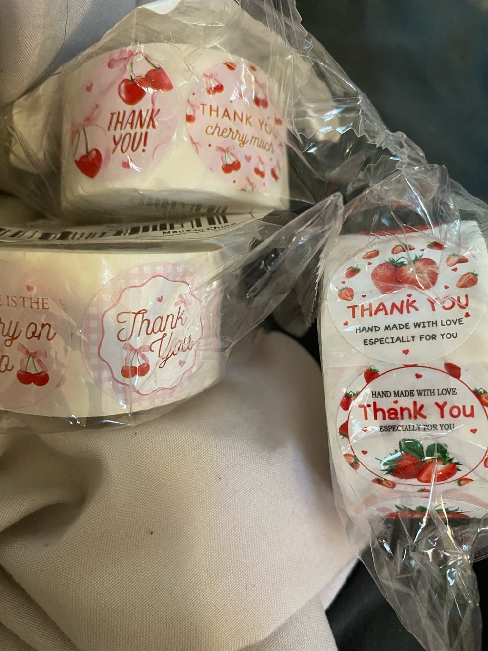 1500 Thank You Sticker Rolls with 2 Cherry & 1 Strawberry Designs